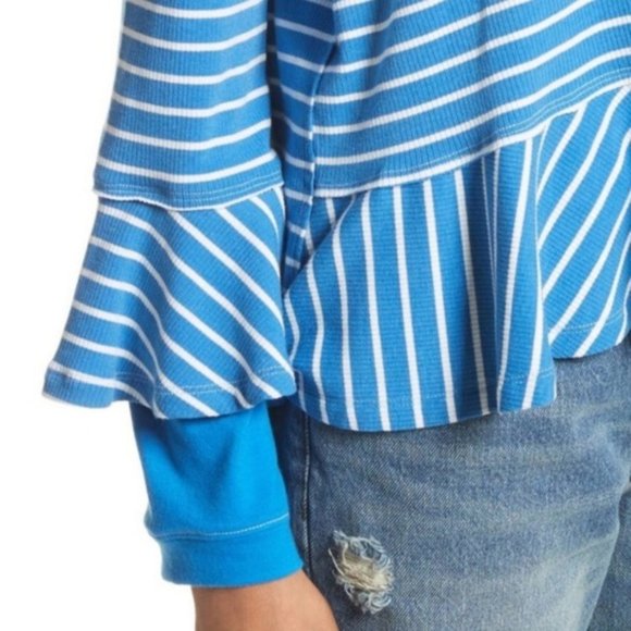 Free People Round About Tee Ocean Combo Striped Ruffle Casual Shirt Top Sweater - Picture 3 of 8